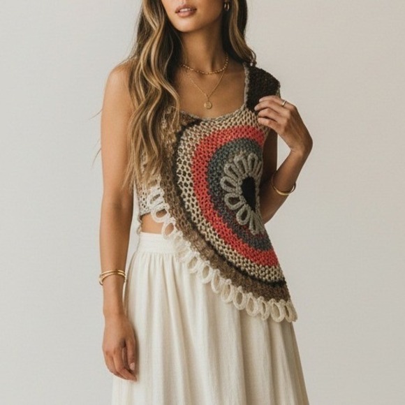 Poise L Crochet Mandala Granny Tank Top Boho Open Knit Beach Festival Dance Y2K - Picture 2 of 9